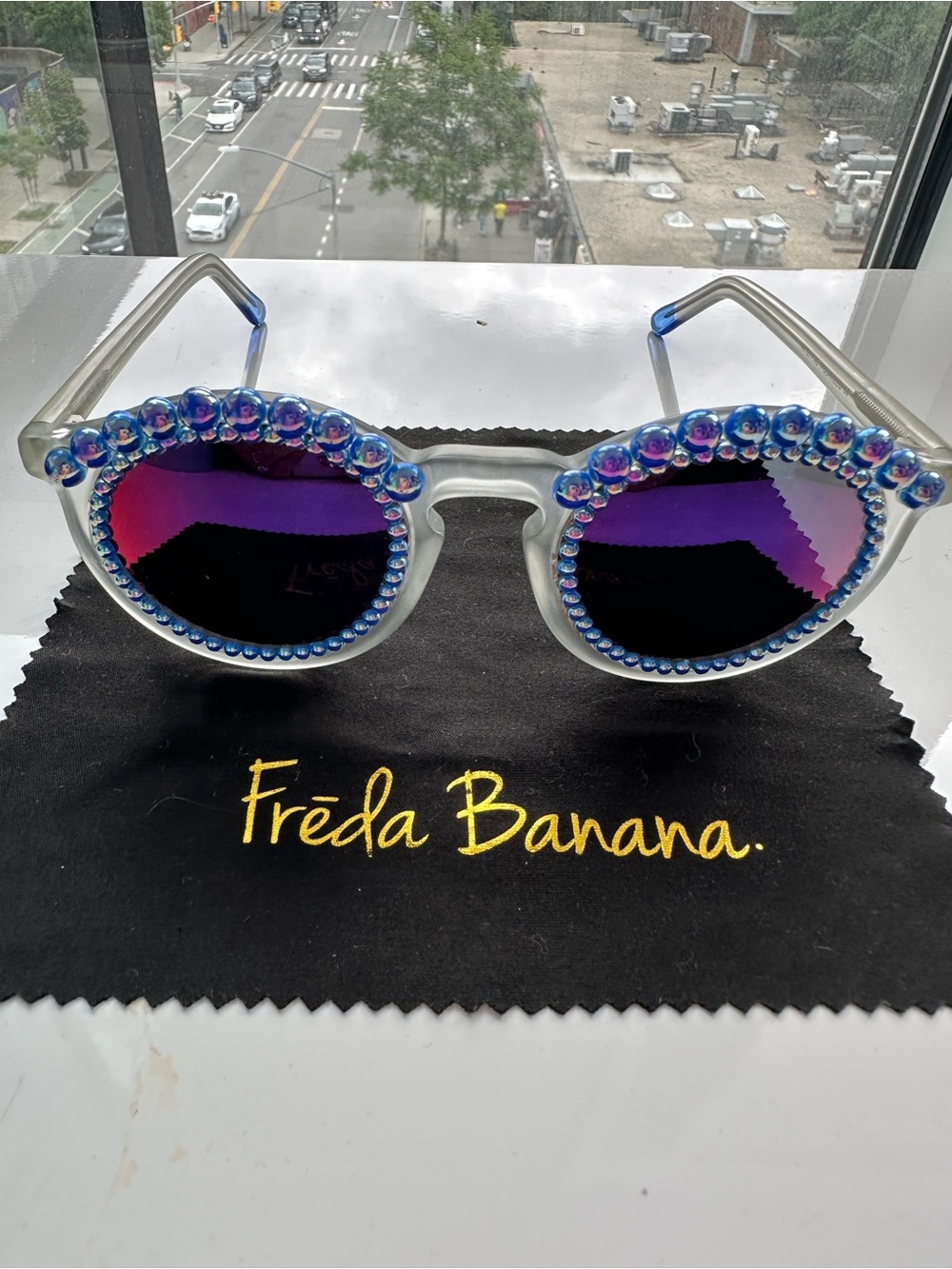 New Blue Freda Banana Embellished Sunglasses
